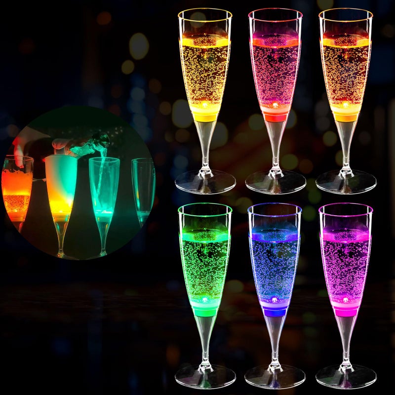 HOMEYA LED Champagne Flutes (Set of 6 Multi-Color), Water Liquid Activated Light Up Cups Flashing Wine Glasses Blinking Cocktail Whisky Drinkware Glow Dark for Christmas Halloween Party Wedding Gifts - Image 1